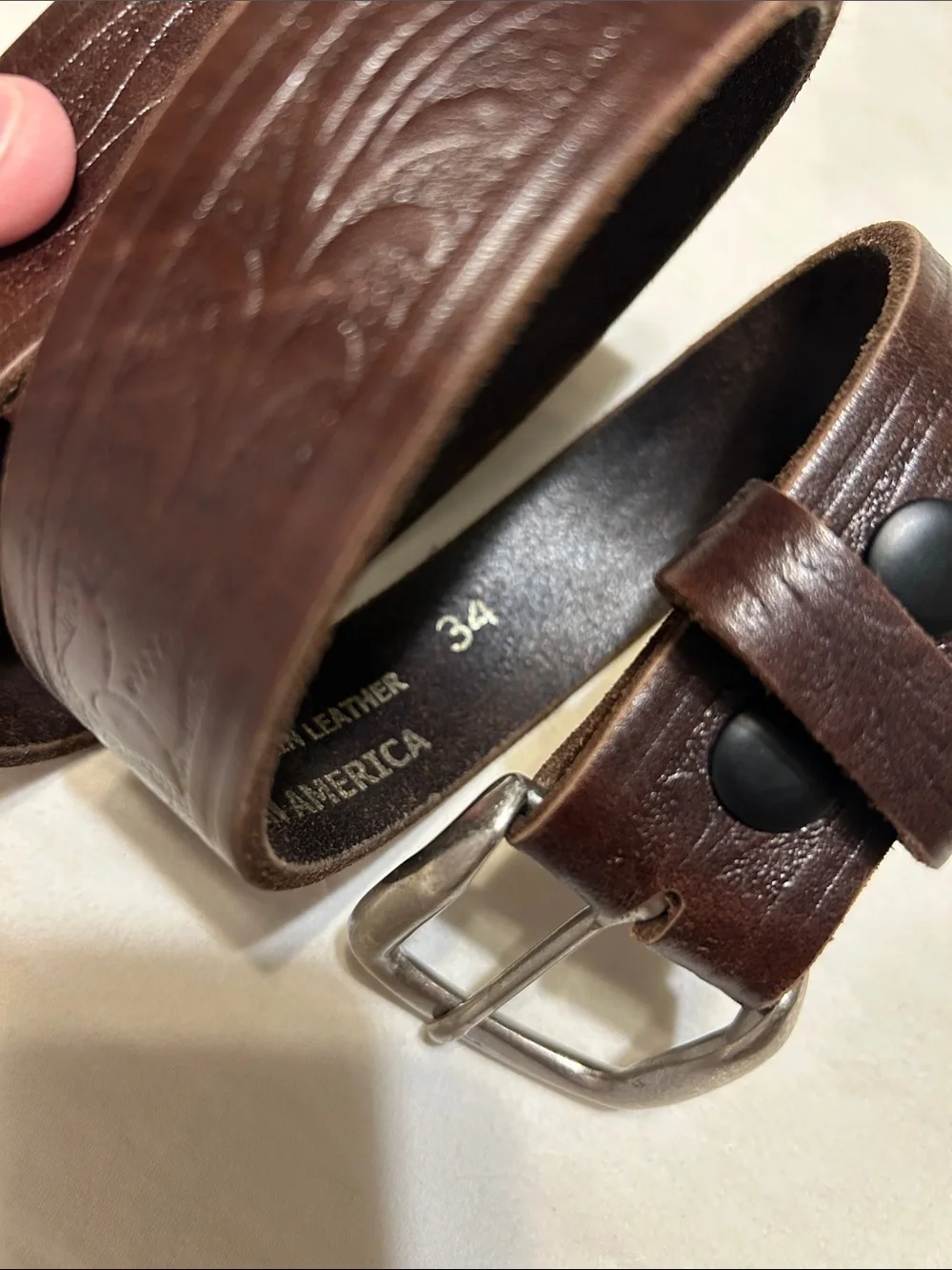 Men's Dark Brown Embossed Leather Belt with Brushed Buckle
